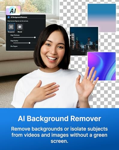 AI Background Remover advertisement with smiling woman and sample images.