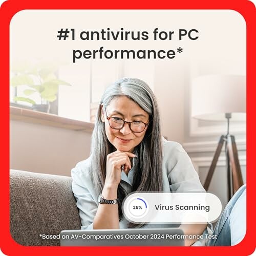 Woman with gray hair sitting on a couch, text reads '#1 antivirus for PC performance'.