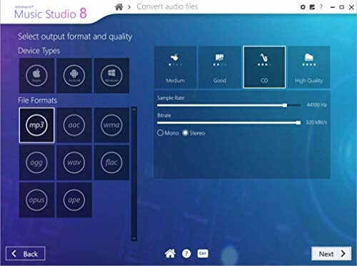 Audio conversion software interface showing file format options and quality settings.