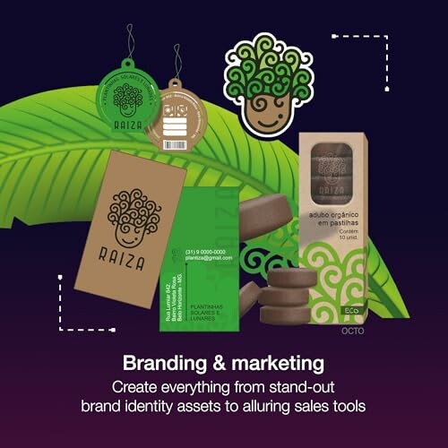 Branding and marketing design with packaging and logo.