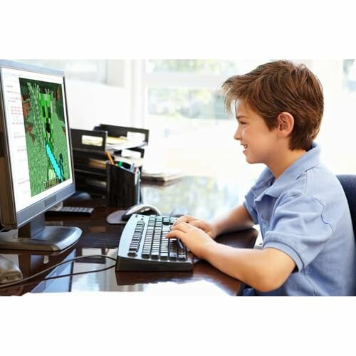 Child playing a computer game on a desktop