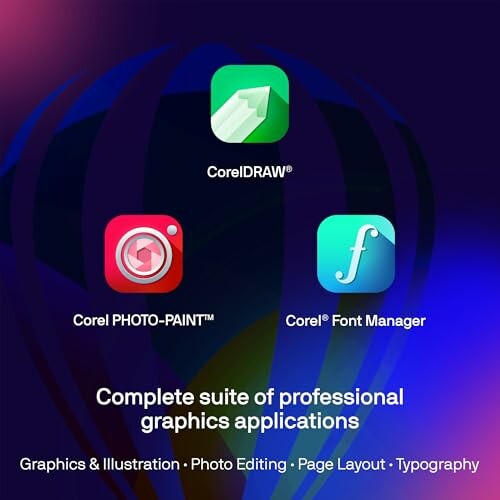 CorelDRAW, PHOTO-PAINT, and Font Manager icons on colorful background.