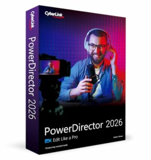 CyberLink PowerDirector 2026 software box with a person recording video.