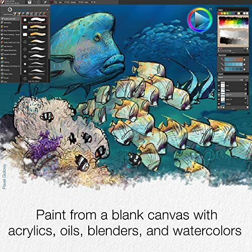 Digital painting software interface with fish illustration.