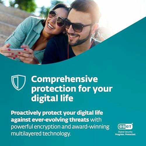 Couple with headphones enjoying digital security advertisement