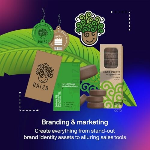 Eco-friendly branding and marketing materials including packaging and business cards.