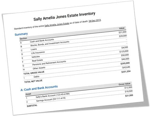 Estate inventory summary with financial details.