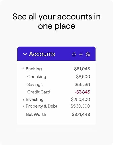 Financial dashboard showing accounts summary including banking, savings, credit card, investing, property, and net worth.