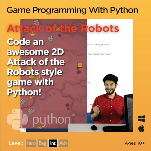 Game programming with Python cover featuring a man and code.