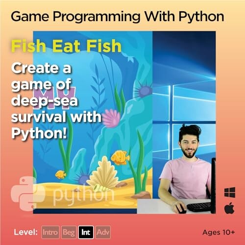 Game Programming with Python promotional image featuring Fish Eat Fish game.