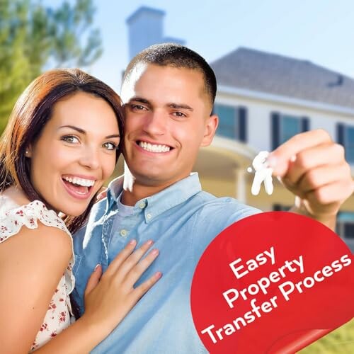 Happy couple holding house keys in front of new home with text 'Easy Property Transfer Process'.