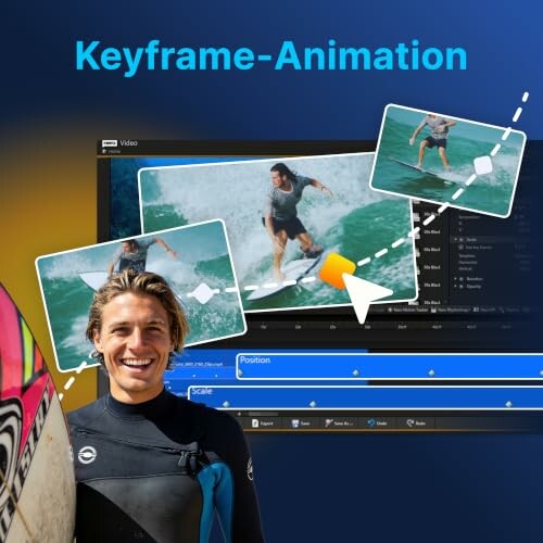 Surfer in wetsuit with keyframe animation screenshots.