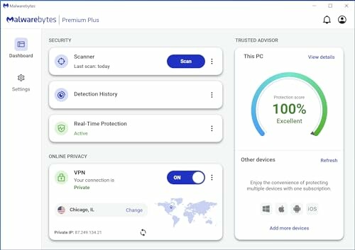 Malwarebytes dashboard interface showing security status and VPN connection.