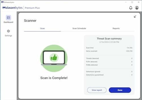 Malwarebytes scan complete screen showing no threats detected.