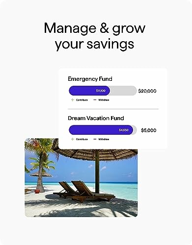 Savings management interface with beach scene.