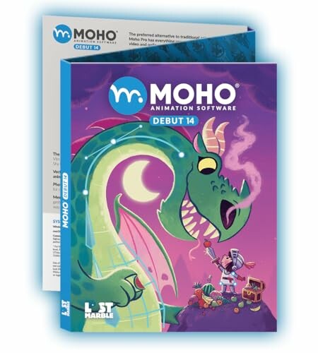 Moho Debut 14 animation software box with cartoon dragon and astronaut.
