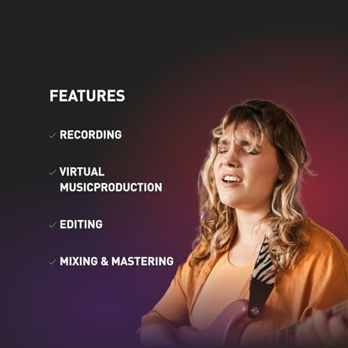 Woman singing and playing guitar with music production features listed.