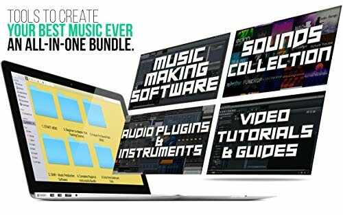 Laptop displaying music production software bundle with tools, sounds, plugins, and tutorials.