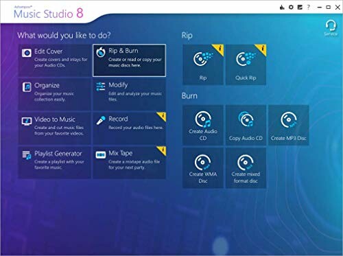 Music Studio 8 software interface showing options like rip, burn, edit, and record.