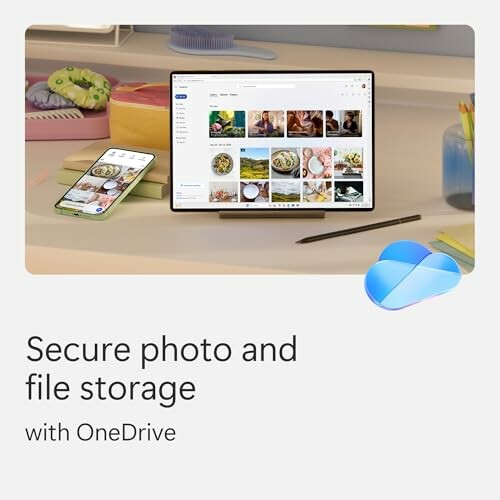 Digital devices with OneDrive secure file storage message.