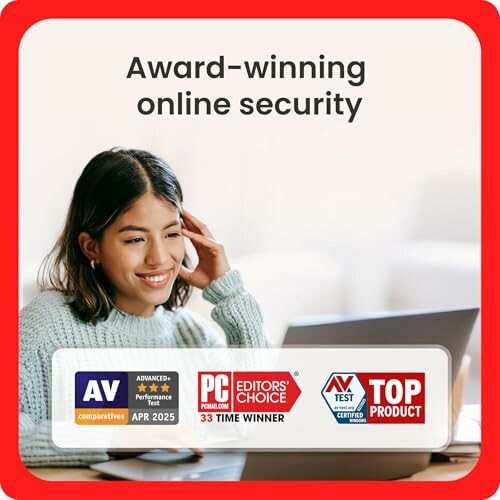 Woman smiling at laptop with award-winning online security badges.