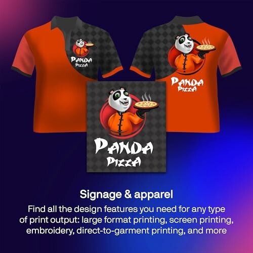 Panda Pizza shirt design with panda holding pizza, signage and apparel text.