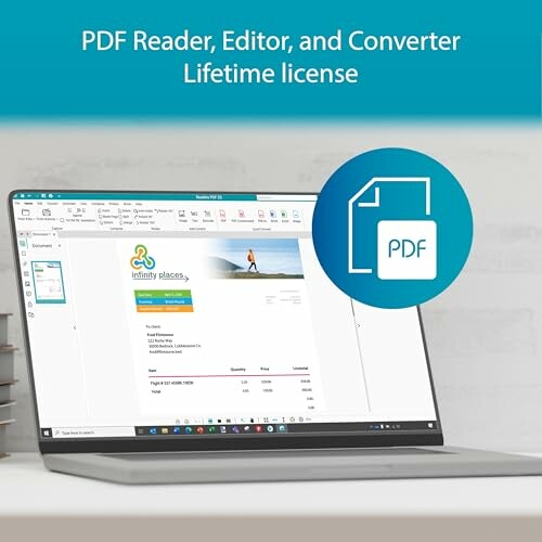 Laptop displaying PDF software interface with lifetime license