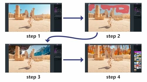 Image showing a four-step photo editing process with changes in background and color adjustments.