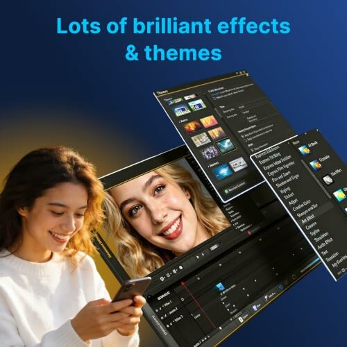 Woman using phone with photo editing software interface displaying effects and themes.