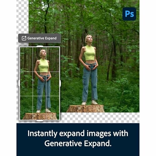 Photoshop Generative Expand feature demonstration with a woman in a forest.