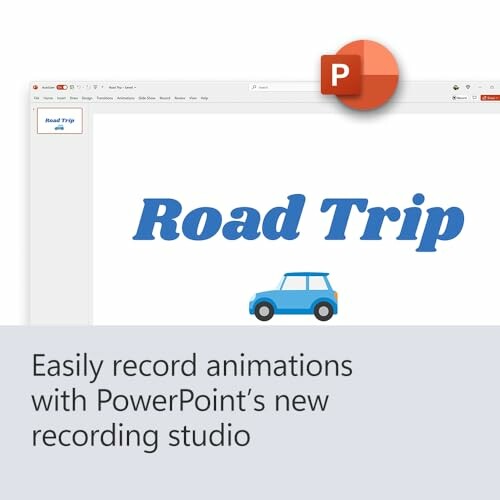 PowerPoint slide with text 'Road Trip' and car icon, promoting new recording studio feature.
