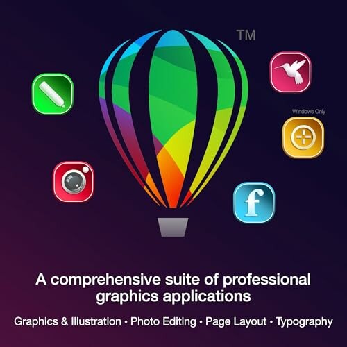 A comprehensive suite of professional graphics applications with icons for graphics, photo editing, page layout, and typography.