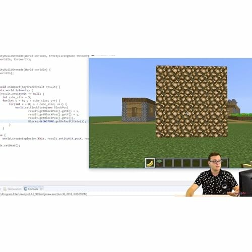 Person coding with a Minecraft game screen.