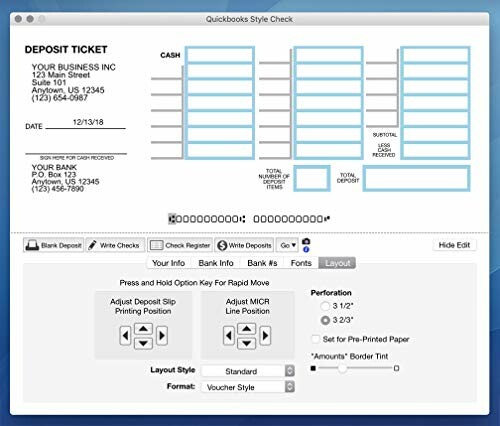 QuickBooks deposit ticket style check template on screen.