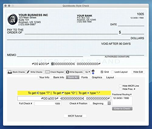 QuickBooks style check example with instructions on typing MICR line.