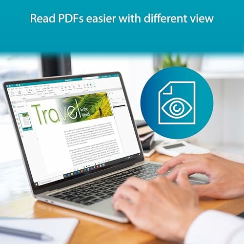 Person using a laptop to read a PDF document with an icon indicating easier viewing.