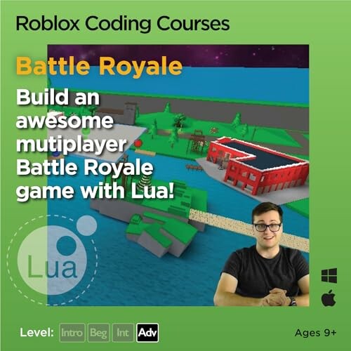 Roblox coding course ad for building a multiplayer Battle Royale game with Lua.