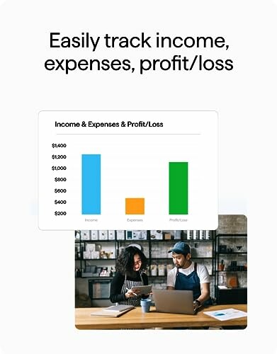 Dashboard for tracking income, expenses, and profit/loss with two people working on a laptop