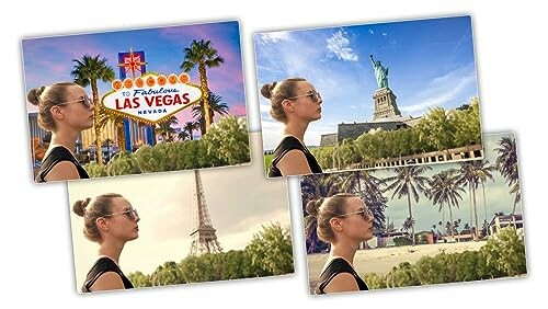 Collage of a woman in sunglasses with Las Vegas, Statue of Liberty, Eiffel Tower, and palm trees.