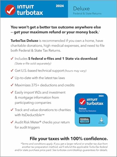TurboTax Deluxe 2024 software package with features and benefits listed.
