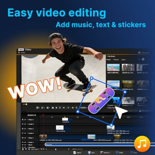 Video editing software interface with skateboarder and editing tools.