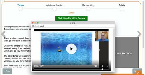 Video review popup with ocean background and speaker thumbnail.