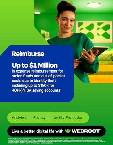 Webroot identity theft reimbursement offer with woman holding a tablet.