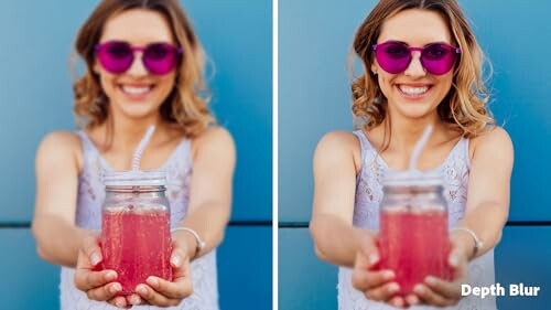 Woman in sunglasses holding a pink drink in a jar with a straw, showing depth blur effect