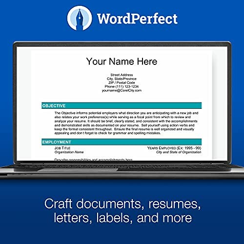 WordPerfect resume template displayed on a laptop screen.